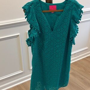 Lilly Pulitzer Teal Eyelet Dress with Pom Pom detail. Size Large